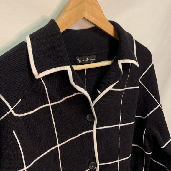 Mercer & Madison Black Ivory Windowpane Knit Sweater Lady Jacket Cardigan Size L - Picture 4 of 9